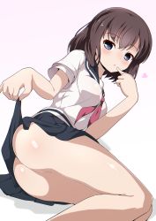 Rule 34 | 1girl, ass, black sailor collar, black skirt, blue eyes, blush, breasts, brown hair, clothes lift, commentary request, finger to mouth, gradient background, hair between eyes, highres, lifted by self, long hair, medium breasts, neckerchief, no panties, onjouji toki, parted lips, pink background, red neckerchief, sailor collar, saki (manga), school uniform, serafuku, shadow, shirt, short sleeves, skirt, skirt lift, solo, white background, white shirt, xiao rui rui