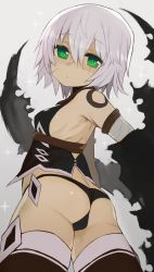 Rule 34 | 1girl, ass, back, bandaged arm, bandages, bare shoulders, black cloak, black panties, black thighhighs, black vest, breasts, cloak, cropped vest, facial scar, fate/apocrypha, fate/grand order, fate (series), green eyes, hair between eyes, highres, izuoku, jack the ripper (fate/apocrypha), looking at viewer, looking back, panties, scar, scar across eye, scar on cheek, scar on face, short hair, shoulder tattoo, small breasts, solo, tattoo, thighhighs, thighs, underwear, vest, white hair