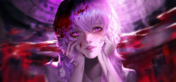Rule 34 | 1girl, backlighting, blood, blood on face, gasai yuno, hands on own cheeks, hands on own face, highres, lips, long hair, looking at viewer, mirai nikki, mxz15926, nose, parted lips, pink eyes, pink hair, solo, upper body, yandere trance
