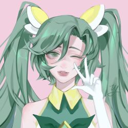 Rule 34 | 1girl, bare shoulders, collared shirt, gloves, green eyes, green hair, hair ornament, hand up, highres, league of legends, long hair, looking at viewer, official alternate costume, one eye closed, shirt, signature, smile, solo, sona (league of legends), star guardian sona, teeth, twintails, w, white gloves, wu wai ma qi duo