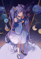 Rule 34 | 1girl, absurdly long hair, black gloves, blue dress, blue hair, brown eyes, choker, collarbone, constellation, detached sleeves, dress, fen renlei, finger to mouth, fingerless gloves, full body, gloves, hair ribbon, hatsune miku, index finger raised, long hair, looking at viewer, one eye closed, purple ribbon, ribbon, ribbon choker, sleeveless, sleeveless dress, solo, standing, striped ribbon, twintails, very long hair, vocaloid