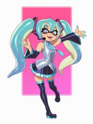 Rule 34 | 1girl, absurdres, alternate species, black footwear, black skirt, blue eyes, blue hair, blue necktie, blush, boots, detached sleeves, flower-shaped pupils, fusion, hatsune miku, headset, highres, inkling, inkling girl, inkling player character, lips, necktie, nintendo, open mouth, pleated skirt, riz, skirt, smile, solo, splatoon (series), symbol-shaped pupils, teeth, tentacle hair, thigh boots, twintails, v, vocaloid