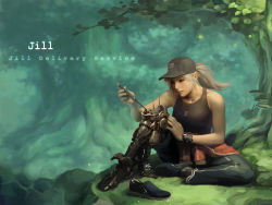 Rule 34 | 1girl, bare shoulders, baseball cap, breasts, clothes around waist, cyborg, dog tags, forest, grey hair, hat, kokecit, large breasts, lips, long hair, mechanical legs, nature, nose, original, ponytail, prosthesis, prosthetic leg, realistic, screwdriver, shoes, single mechanical leg, single shoe, sitting, sneakers, solo, sweater, sweater around waist, tank top, watch, wristwatch