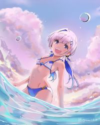 Rule 34 | 1girl, amane kanata, angel, asymmetrical bangs, blue hair, blush, cloud, colored inner hair, hair ornament, hair rings, hairclip, highres, hololive, looking at viewer, low twintails, multicolored hair, open mouth, outdoors, partially submerged, purple eyes, shiratama (komekiti10), silver hair, single hair intake, sky, smile, solo, sunset, swimsuit, teeth, twintails, twitter username, upper teeth only, virtual youtuber