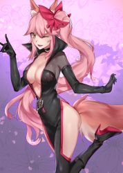 Rule 34 | 1girl, ;d, animal ears, black bodysuit, blush, bodysuit, boots, bow, breasts, bug, butterfly, choker, cleavage, eyewear strap, fang, fate/grand order, fate (series), floral background, fox ears, fox shadow puppet, fox tail, hair bow, high collar, high heel boots, high heels, highres, insect, koyanskaya (assassin) (first ascension) (fate), koyanskaya (fate), large breasts, leg up, long hair, looking at viewer, one eye closed, open mouth, partially unzipped, pelvic curtain, petals, pink background, pink bow, pink hair, ryairyai, side ponytail, sidelocks, skin tight, smile, solo, sparkle, standing, standing on one leg, tail, tamamo (fate), teeth, thighs, tsurime, upper teeth only, v-shaped eyebrows, very long hair, yellow eyes, zipper, zipper pull tab