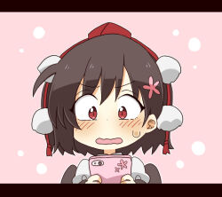Rule 34 | 1girl, black hair, blush, cellphone, commentary request, flower, hair between eyes, hair flower, hair ornament, hat, highres, holding, holding phone, letterboxed, open mouth, phone, pink background, pink flower, puffy short sleeves, puffy sleeves, red eyes, red hat, shameimaru aya, shirt, short sleeves, solo, sweat, tokin hat, totoharu (kujirai minato), touhou, upper body, wavy mouth, white shirt