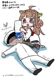 Rule 34 | 1boy, 1girl, admiral (kancolle), ahoge, artist logo, boots, bottle, brown hair, brown skirt, chibi, commentary request, double bun, faceless, faceless male, forced drinking, frilled skirt, frills, grey eyes, hair bun, headgear, highres, japanese clothes, kantai collection, kongou (kancolle), kongou kai ni (kancolle), long hair, lr hijikata, military uniform, naval uniform, nontraditional miko, ribbon-trimmed sleeves, ribbon trim, simple background, skirt, solo, tears, thigh boots, translation request, twitter username, uniform, water bottle, white background