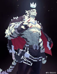Rule 34 | 1boy, abs, absurdres, animal ears, arknights, bara, black pants, bulge, crown, facial hair, feet out of frame, floating, floating object, furry, furry male, goatee, hand up, head tilt, highres, jacket, jacket on shoulders, ju neng binggui, large pectorals, looking at viewer, male focus, mature male, mountain (arknights), muscular, muscular male, navel, nipples, pants, pectorals, short hair, sideburns, solo, spotlight, standing, stomach, thighs, tiger boy, tiger ears, topless male, weibo logo, weibo watermark, white fur