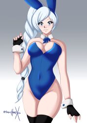 Rule 34 | 1girl, absurdres, alternate breast size, alternate costume, animal ears, black gloves, black thighhighs, blue eyes, blue leotard, braid, braided ponytail, breasts, closed mouth, covered navel, detached collar, fake animal ears, gloves, high side ponytail, highleg, highleg leotard, highres, leotard, long hair, looking at viewer, medium breasts, neck ribbon, playboy bunny, rabbit ears, ribbon, rwby, scar, scar across eye, scar on face, side ponytail, solo, sonicheroxd, thighhighs, very long hair, weiss schnee, white hair, wrist cuffs