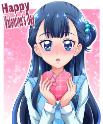 Rule 34 | 10s, 1girl, :o, blue eyes, blue hair, blush, box, gift, hair bun, hair ornament, hanzou, happy valentine, heart-shaped box, holding, holding gift, hugtto! precure, light particles, long hair, looking at viewer, open mouth, pink background, precure, shirt, single hair bun, solo, sparkle, sweater vest, upper body, white shirt, yakushiji saaya