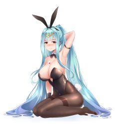 Rule 34 | 1girl, absurdres, animal ears, aqua hair, arm behind head, arm strap, arm up, armpits, bare shoulders, between breasts, black leotard, blush, bow, bowtie, breasts, brown pantyhose, card, cleavage, closed mouth, covered navel, detached collar, epic seven, fake animal ears, fake tail, hairband, hand in own hair, highleg, highleg leotard, highres, large breasts, leotard, long hair, looking at viewer, no shoes, nose blush, object on breast, pantyhose, playboy bunny, playing card, ponytail, punimon (user ymmd3824), rabbit ears, rabbit tail, red eyes, roana (epic seven), seiza, sidelocks, simple background, sitting, smile, solo, strapless, strapless leotard, tail, thighband pantyhose, very long hair, white background