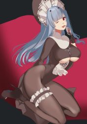 Rule 34 | 1girl, absurdres, azur lane, black gloves, blue hair, boots, breasts, brown dress, brown footwear, brown pantyhose, card, clothing cutout, cross, cross necklace, dress, forked tongue, full body, gloves, half gloves, hanada no kiwami, highleg, highres, jewelry, large breasts, long hair, looking at viewer, maid headdress, marco polo (azur lane), marco polo (the queen of hearts) (azur lane), necklace, official alternate costume, one eye closed, pantyhose, platform boots, platform footwear, playing card, red eyes, solo, thigh strap, tongue, underboob, underboob cutout