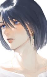 Rule 34 | 1boy, blue eyes, blue hair, crystal earrings, earrings, eyelashes, highres, howl (howl no ugoku shiro), howl no ugoku shiro, jewelry, lips, looking away, male focus, necklace, parted lips, portrait, short hair, simple background, sira julyspring, solo, white background