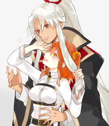 Rule 34 | 1boy, 1girl, amakusa shirou (fate), amakusa shirou (third ascension) (fate), bad id, bad pixiv id, belt, brown eyes, dark skin, fate/apocrypha, fate/grand order, fate (series), fujimaru ritsuka (female), gaw (enasa), grey background, hand on another&#039;s face, heart, height difference, hetero, high ponytail, holding another&#039;s hair, japanese clothes, long hair, long sleeves, looking up, orange eyes, orange hair, parted lips, ponytail, shirt, short hair, short ponytail, side ponytail, simple background, smile, white hair, white shirt, wide sleeves