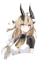 Rule 34 | 1girl, ahoge, aqua eyes, arknights, black bodysuit, blonde hair, bodysuit, breasts, cleavage, closed mouth, commentary request, dragon girl, dragon horns, emoji, flower, highres, horn/wood, horns, light in heart, looking ahead, low ponytail, medium breasts, multiple horns, pleading face emoji, reed (arknights), see-through, see-through cleavage, shirt, short sleeves, simple background, solo, upper body, white background, white flower, white shirt