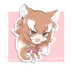 Rule 34 | 10s, 1girl, :d, animal ears, arm at side, boots, border, brown eyes, brown hair, brown shirt, brown thighhighs, character name, chibi, collar, commentary request, empty eyes, fangs, full body, fur-trimmed boots, fur collar, fur trim, gradient hair, japanese wolf (kemono friends), kemono friends, long hair, long sleeves, looking at viewer, multicolored hair, neckerchief, open mouth, outline, outside border, pink background, plaid, plaid neckerchief, plaid skirt, pointing, pointing at viewer, sailor collar, shadow, shirt, skirt, smile, solo, standing, tail, tatsuno newo, thighhighs, tsurime, twitter username, two-tone hair, white border, white hair, white outline, wolf ears, wolf tail, zettai ryouiki