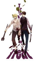 Rule 34 | 00s, 2boys, anbiento, baccano!, blonde hair, blood, blue eyes, brown hair, cleaver, gloves, graham specter, hair over one eye, holding hands, highres, key, multiple boys, shaft (baccano), short hair, trick or treat, wrench
