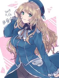 Rule 34 | 1girl, ascot, atago (kancolle), bad id, bad twitter id, beret, black skirt, blonde hair, blue hat, breasts, character name, cowboy shot, dated, frilled sleeves, frills, green eyes, hat, highres, kantai collection, large breasts, long hair, looking at viewer, military, military uniform, nun (eri), skirt, smile, solo, two-tone background, uniform, white ascot, white background