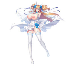 Rule 34 | 1girl, alternate costume, aoi nagisa (metalder), bare shoulders, blonde hair, blue eyes, blue flower, blue ribbon, blush, bouquet, breasts, breasts out, bridal gauntlets, bridal veil, bride, cleavage, dress, earrings, embarrassed, flower, full body, hair ornament, hair ribbon, hands on own chest, highres, huge breasts, inverted nipples, jewelry, leotard, leotard under clothes, lilith-soft, long hair, looking at another, looking at viewer, micro panties, nipples, no bra, official alternate costume, official art, onizaki kirara, open clothes, panties, ribbon, shiny skin, smile, snowflake ornament, snowflake pendant, sweat, taimanin (series), taimanin rpgx, thong, twintails, underwear, veil, very long hair, wedding dress, white dress, white heels, white panties, wide hips