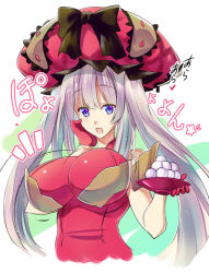 Rule 34 | 1girl, blue eyes, blush, breast expansion, breasts, fate/grand order, fate (series), food, gloves, hat, large breasts, long hair, looking at viewer, marie antoinette (fate), mochi, new year, open mouth, pony r, silver hair, smile, solo, twintails, very long hair, wagashi