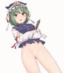 Rule 34 | 1girl, blue eyes, blue hat, blue vest, blush, bottomless, censored, commentary request, frilled hat, frills, green hair, hair between eyes, hat, highres, long sleeves, miyo (ranthath), mosaic censoring, navel, open mouth, pussy, rod of remorse, shiki eiki, shirt, short hair, simple background, solo, touhou, vest, white background, white shirt