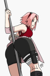 Rule 34 | 1girl, arm warmers, ass, bag, bandages, bare shoulders, bent over, between buttocks, bike shorts, black footwear, boots, breasts, cameltoe, clothes lift, dutch angle, from behind, grin, haruno sakura, headband, headdress, highres, holster, huge ass, knee boots, kneepits, looking at viewer, looking back, miniskirt, naruto (series), naruto shippuuden, omar-sin, parted lips, pink hair, pink skirt, pole, red shirt, shirt, short hair, shorts, shorts under skirt, side slit, simple background, skin tight, skirt, skirt lift, sleeveless, sleeveless shirt, smile, solo, spandex, thigh holster, thigh strap, vector trace, white background