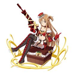 Rule 34 | 1girl, asuna (sao), black footwear, boots, bra, braid, breasts, brown eyes, brown hair, choker, cleavage, collarbone, cross-laced footwear, crossed legs, crown braid, elbow gloves, floating hair, full body, fur-trimmed boots, fur-trimmed gloves, fur-trimmed headwear, fur trim, gloves, gun, hat, highres, holding, holding gun, holding weapon, index finger raised, lace-up boots, layered skirt, long hair, looking at viewer, medium breasts, midriff, miniskirt, navel, official art, one eye closed, red bra, red gloves, red hat, red skirt, ribbon, rifle, sitting, skirt, solo, star (symbol), stomach, striped bra, striped clothes, sword art online, thigh boots, thigh strap, thighhighs, transparent background, underwear, very long hair, weapon, yellow ribbon