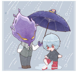 Rule 34 | 2boys, arm behind back, black pants, black shirt, blue hair, boku no hero academia, boots, border, brown footwear, chibi, closed mouth, colored skin, full body, green necktie, green vest, grey background, hair between eyes, highres, holding, holding umbrella, inukai (inuuowoukai), kurogiri (boku no hero academia), long sleeves, looking down, male focus, mole, mole under mouth, monster boy, multiple boys, necktie, noumu (boku no hero academia), pants, pants tucked in, puddle, purple skin, rain, red eyes, red footwear, reflection, reflective water, scar, scar across eye, scar on face, shigaraki tomura, shirt, short hair, simple background, standing, twitter username, umbrella, vest, water, white border, white shirt