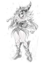 Rule 34 | 1girl, artist name, bare legs, bare shoulders, big hair, blush stickers, boots, breasts, cleavage, collar, commentary, curvy, dark magician girl, dress, duel monster, full body, greyscale, hand on own hip, hat, highres, large breasts, long hair, magical girl, miniskirt, monochrome, short dress, signature, skirt, solo, the golden smurf, thighs, vambraces, very long hair, wide hips, wizard hat, yu-gi-oh!