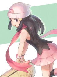Rule 34 | 1girl, :o, ametani kuko, bag, beanie, black hair, boots, commentary request, creatures (company), dawn (pokemon), duffel bag, game freak, hair ornament, hat, holding, holding bag, long hair, nintendo, open mouth, pink footwear, pink scarf, pink skirt, pokemon, pokemon dppt, scarf, sidelocks, skirt, solo, two-tone background, white hat