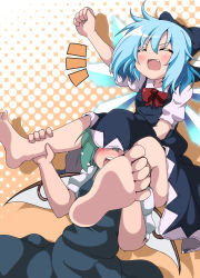 Rule 34 | 2girls, absurdres, arm up, barefoot, blue hair, bow, carrying, cirno, clenched hand, closed eyes, covered eyes, daiyousei, fang, gradient background, hair bow, head under another&#039;s clothes, highres, multiple girls, open mouth, piggyback, polka dot, polka dot background, short hair, touhou, under another&#039;s clothes