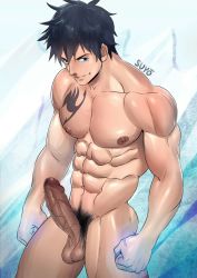 Rule 34 | 1boy, abs, bara, black hair, body hair, erection, fairy tail, gray fullbuster, highres, looking at viewer, male focus, muscular, nipples, nude, pectorals, penis, pubic hair, smirk, solo, suyohara, tattoo, testicles