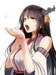 Rule 34 | 2girls, bare shoulders, black hair, breasts, cupping hands, fairy (kancolle), fusou (kancolle), giant, giantess, hair ornament, japanese clothes, kantai collection, large breasts, long hair, looking inside, miko, multiple girls, open mouth, own hands together, red eyes, simple background, size difference, sketch, upper body, utopia, white background, wide sleeves