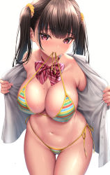 Rule 34 | 1girl, absurdres, bare shoulders, bikini, black hair, blush, bow, bowtie, breasts, cleavage, cowboy shot, halterneck, has bad revision, has downscaled revision, highres, huge filesize, kase daiki, large breasts, long hair, md5 mismatch, mole, mole on breast, mouth hold, navel, open mouth, original, red bow, red bowtie, red eyes, resolution mismatch, shirt, side-tie bikini bottom, solo, source smaller, standing, stomach, string bikini, swimsuit, thigh gap, twintails, wet, white background, white shirt