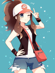 Rule 34 | 1girl, ;), absurdres, antenna hair, bad id, bad twitter id, bag, black wristband, blush, brown hair, closed mouth, commentary request, creatures (company), eyelashes, game freak, grey eyes, grey shorts, hand up, high ponytail, highres, hilda (pokemon), long hair, nintendo, one eye closed, open clothes, open vest, pokemon, pokemon bw, shirt, shorts, shoulder bag, sidelocks, sleeveless, sleeveless shirt, smile, solo, tere asahi, v, vest, white shirt, wristband