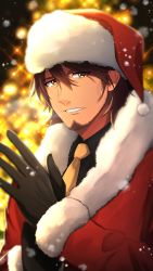 Rule 34 | 1boy, bad id, bad pixiv id, belmond banderas, black gloves, black shirt, blurry, blurry background, brown hair, brown necktie, choco (chocovix112), collared shirt, depth of field, facial hair, fur-trimmed headwear, fur-trimmed sleeves, fur trim, gloves, hair between eyes, hands up, hat, highres, jacket, long sleeves, looking at viewer, male focus, mature male, necktie, nijisanji, parted lips, red hat, red jacket, santa costume, santa hat, shirt, snowing, solo, stubble, thick eyebrows, upper body, virtual youtuber, yellow eyes