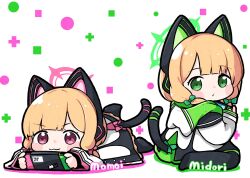 Rule 34 | 2girls, animal ear headphones, animal ears, black thighhighs, blonde hair, blue archive, blush stickers, cat tail, character name, closed mouth, fake animal ears, green eyes, green halo, halo, handheld game console, headphones, highres, holding, holding handheld game console, jacket, long sleeves, midori (blue archive), mitsuki/saniya, momoi (blue archive), multiple girls, pink halo, playing games, red eyes, short hair, siblings, sisters, smile, tail, thighhighs, twins, white jacket