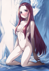 Rule 34 | 1girl, blush, breasts, collarbone, female focus, forehead, groin, hair censor, hair over breasts, ice, kneeling, legs, long hair, looking at viewer, navel, no pussy, nude, original, pale skin, parted lips, red eyes, red hair, saiste, solo