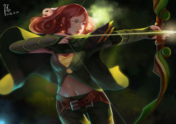 Rule 34 | 1girl, arrow (projectile), belt, belt buckle, bow (weapon), bridal gauntlets, buckle, cape, cowboy shot, dated, diandianzai, dota (series), dota 2, drawing bow, gradient background, highres, holding, holding bow (weapon), holding weapon, lips, long hair, looking to the side, midriff, navel, nose, pants, parted lips, red eyes, red hair, signature, solo, vambraces, weapon, wind, windranger (dota)