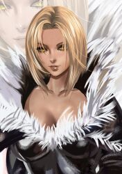 Rule 34 | 1girl, benedikta harman, blonde hair, breasts, cleavage, facing viewer, final fantasy, final fantasy xvi, fur collar, fur trim, highres, kittymiya, leather, leather vest, looking at viewer, low neckline, medium breasts, open mouth, short hair, smile, solo, square enix, upper body, yellow eyes