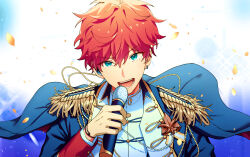 Rule 34 | 1boy, 400 (34236795), amagi hiiro, aqua eyes, commentary, earrings, ensemble stars!, epaulettes, hand up, highres, holding, holding microphone, hoop earrings, jewelry, long sleeves, looking at viewer, male focus, microphone, open mouth, red hair, short hair, solo, teeth, upper body