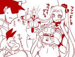 Rule 34 | &gt; &lt;, 10s, :3, abyssal ship, admiral (kancolle), airfield princess, animal ears, closed eyes, commentary request, detached sleeves, dress, enemy aircraft (kancolle), faceless, faceless male, food, holding, holding food, horns, kantai collection, kashiwa mochi (food), leaf, leaf on head, long hair, monochrome, northern ocean princess, rabbit ears, sako (bosscoffee), seaport princess, shimakaze (kancolle), single horn, sitting, sitting on head, sitting on person, sketch, sweatdrop, translation request, wide sleeves, x3