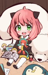 Rule 34 | 1girl, anya (spy x family), child, eden academy school uniform, hairpods, highres, holding, holding stuffed toy, looking at viewer, moorina, open mouth, peanut, pink hair, school uniform, signature, sitting, sketch, smile, solo, spy x family, stuffed toy, twilight (spy x family), yor briar
