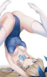 Rule 34 | 1girl, absurdres, animal ears, areola slip, armpits, arms behind back, ass, blonde hair, blue archive, blue bow, blue leotard, bow, bowtie, breasts, cameltoe, cleft of venus, covered navel, detached collar, fake animal ears, headset, highres, himerin, knees up, large breasts, leotard, long hair, no shoes, official alternate costume, playboy bunny, rabbit ears, simple background, solo, spread legs, strapless, strapless leotard, thighhighs, thighs, toes, toki (blue archive), toki (bunny) (blue archive), undersized breast cup, upside-down, white background