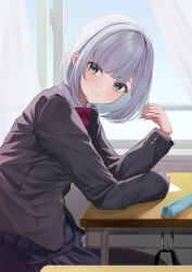 Rule 34 | 1girl, absurdres, aqua hair, black skirt, blazer, blush, bow, bowtie, classroom, colored inner hair, commentary, cowboy shot, curtains, desk, green eyes, grey hair, grey jacket, highres, horo 27, indoors, jacket, kaga sumire, long sleeves, looking at viewer, lupinus virtual games, multicolored hair, paper, pencil case, red bow, red bowtie, shirt, short hair, skirt, smile, solo, virtual youtuber, vspo!, white shirt, window