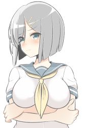 Rule 34 | 10s, 1girl, bad id, bad nicoseiga id, blue eyes, blush, breasts, commentary request, crossed arms, eyes visible through hair, hair ornament, hair over one eye, hairclip, hamakaze (kancolle), impossible clothes, kantai collection, large breasts, looking at viewer, masupa kiriu, no gloves, school uniform, serafuku, short hair, short sleeves, silver hair, simple background, solo, upper body, white background
