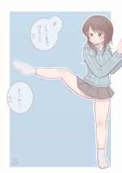 Rule 34 | 1girl, arm support, artist name, blue background, blue shirt, border, brown eyes, brown hair, closed mouth, commentary, dated, dress shirt, girls und panzer, grey skirt, half-closed eyes, highres, itsumip, keizoku school uniform, leg up, long hair, long sleeves, looking to the side, mika (girls und panzer), miniskirt, no headwear, outline, outside border, panties, pantyshot, pleated skirt, school uniform, shirt, signature, skirt, smile, socks, solo, standing, standing on one leg, striped clothes, striped shirt, sweatdrop, translated, trembling, underwear, vertical-striped clothes, vertical-striped shirt, white border, white outline, white shirt, white socks, wing collar