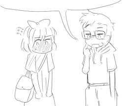 Rule 34 | 1boy, 1girl, bag, blush, bow, character request, cowboy shot, drawstring, dress, embarrassed, flying sweatdrops, full-face blush, glasses, greyscale, hair bow, hand in pocket, hood, hoodie, looking away, looking to the side, lowres, monochrome, open mouth, pants, raised eyebrow, short hair, short sleeves, simple background, sketch, speech bubble, standing, sweat, tako238, talking, white background
