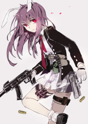 Rule 34 | 1girl, animal ears, assault rifle, bad id, bad pixiv id, bullet casing, dual wielding, gun, handgun, highres, holding, long hair, looking at viewer, necktie, pink eyes, purple hair, rabbit ears, red eyes, red medicine, red necktie, reisen udongein inaba, rifle, shell casing, solo, touhou, weapon