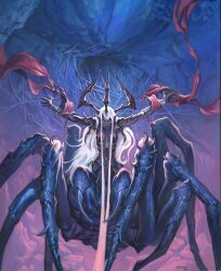 Rule 34 | 1girl, arthropod girl, colored skin, dark elf, dungeons &amp; dragons, elf, highres, horns, insect girl, jesper ejsing, lolth, long hair, looking at viewer, pointy ears, purple skin, solo, spider girl, very long hair